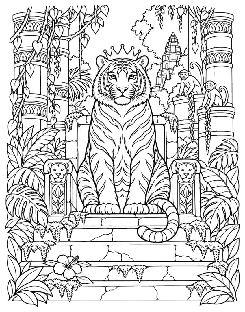 Coloring page of a crowned tiger on a temple throne with monkeys, pillars and jungle leaves
