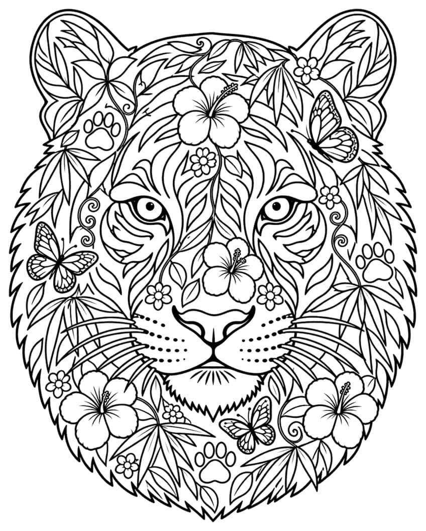 Tiger head coloring page patterned with hibiscus flowers, leaves, butterflies and paw prints