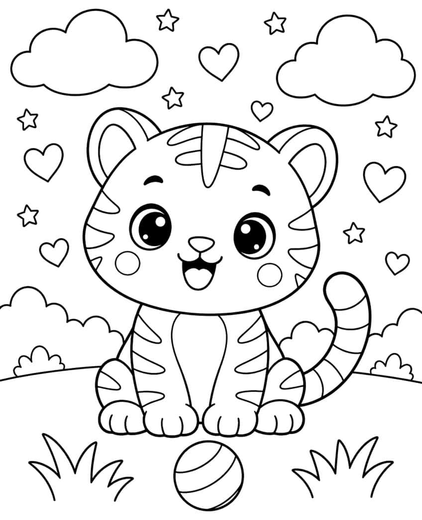 Kawaii tiger cub sitting on a hill with a ball, clouds, hearts and stars coloring page