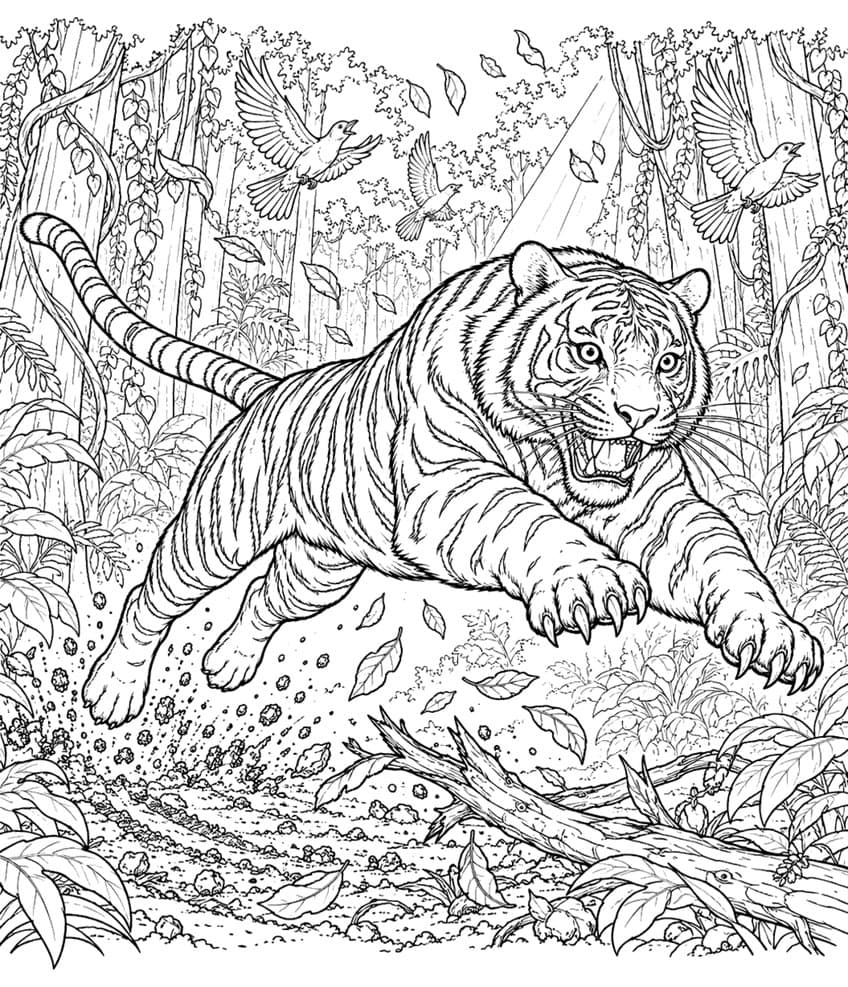 Coloring page of a roaring tiger leaping over a fallen log in a jungle as birds fly away