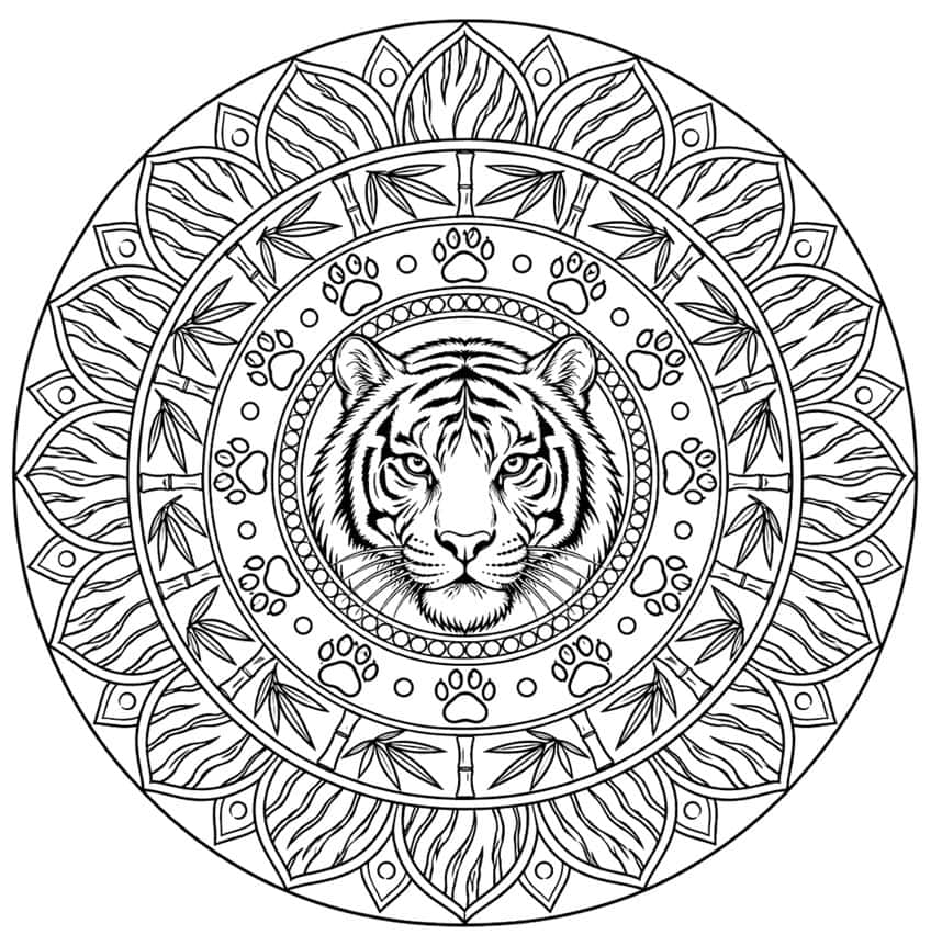 Tiger face mandala coloring page with rings of paw prints, bamboo leaves and striped petals