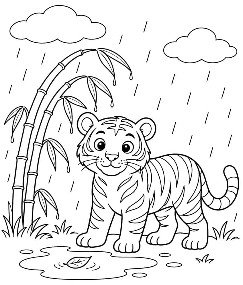 Tiger cub coloring page with rain, bamboo, clouds and a puddle
