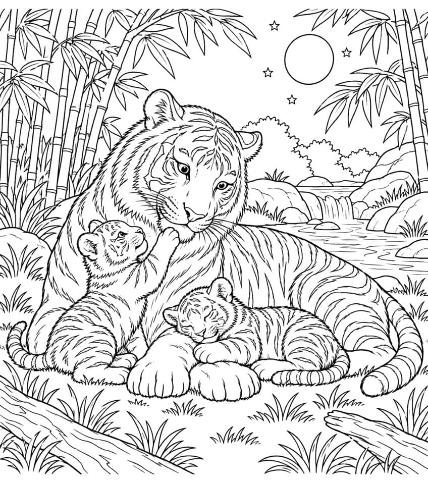 Coloring page of a mother tiger lying with two cubs beside bamboo and a stream under a moon