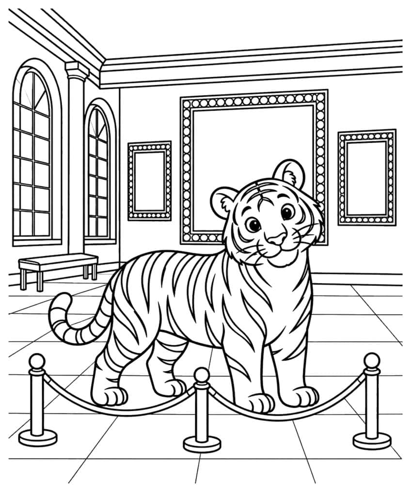 Tiger cub coloring page in a museum gallery with rope barriers, arched windows, and empty frames