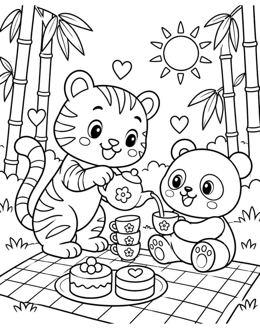 Coloring page of a cartoon tiger pouring tea for a panda at a picnic in a bamboo grove
