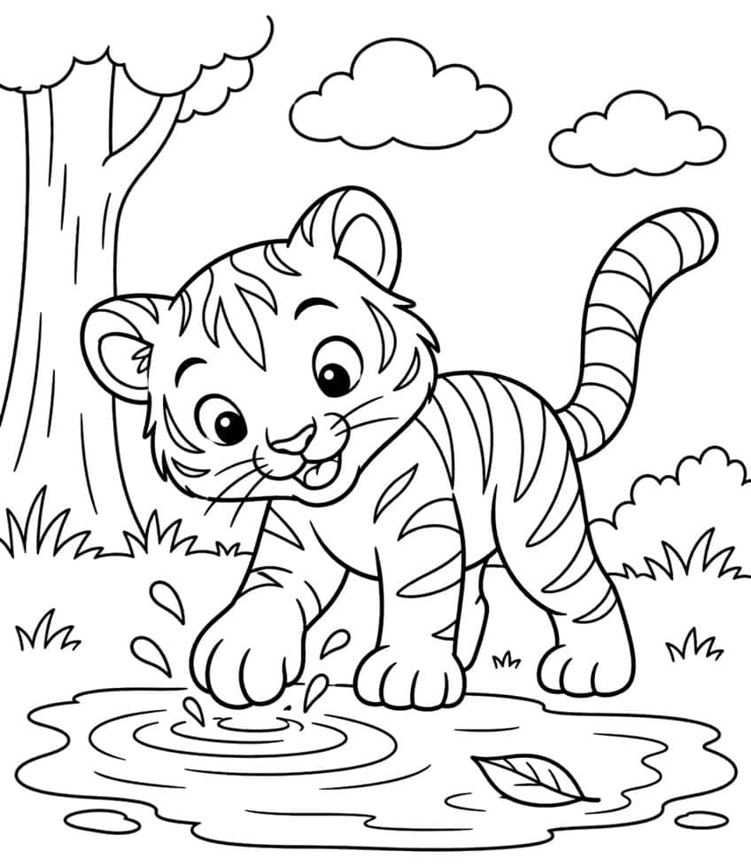 Tiger cub coloring page with the cub splashing its paw in a puddle beside a tree