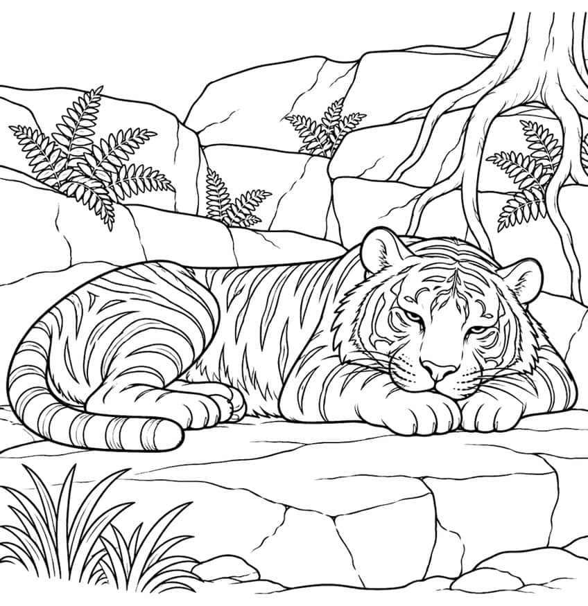 Coloring page of a tiger resting its head on its paws on a rocky ledge with ferns and tree roots