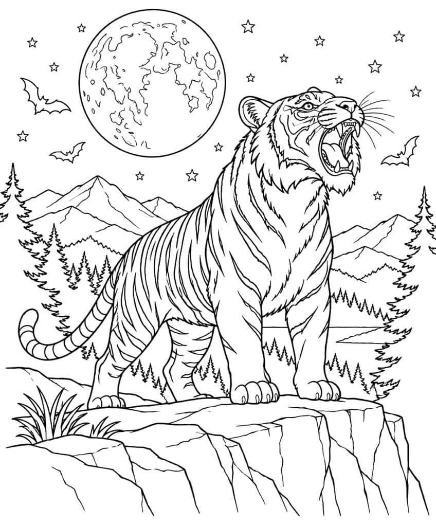 Coloring page of a tiger roaring on a cliff under a full moon with bats, stars and mountains