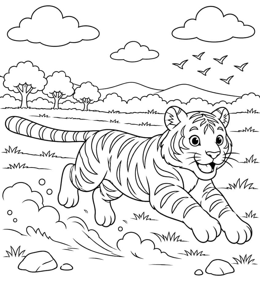 Coloring page of a smiling tiger running through a meadow with trees, clouds and birds