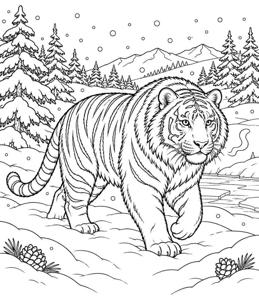 Coloring page of a Siberian tiger walking through snow with pine trees and mountains
