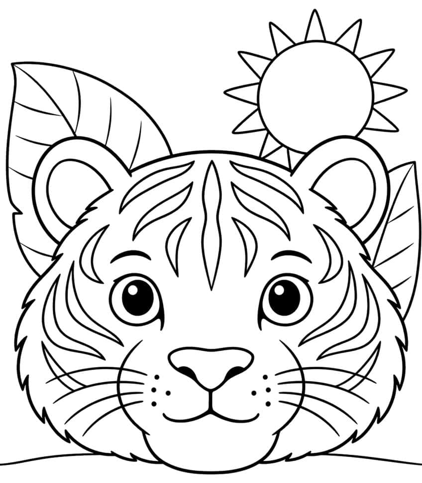 Coloring page of a smiling tiger face with whiskers, two large leaves and a sun