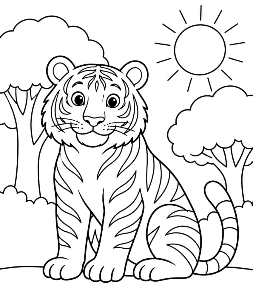 Coloring page of a smiling tiger sitting in front of trees under a bright sun
