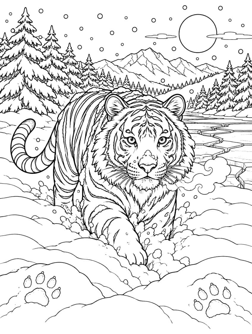 Tiger coloring page of a tiger crossing snowdrifts by a frozen river under a full moon