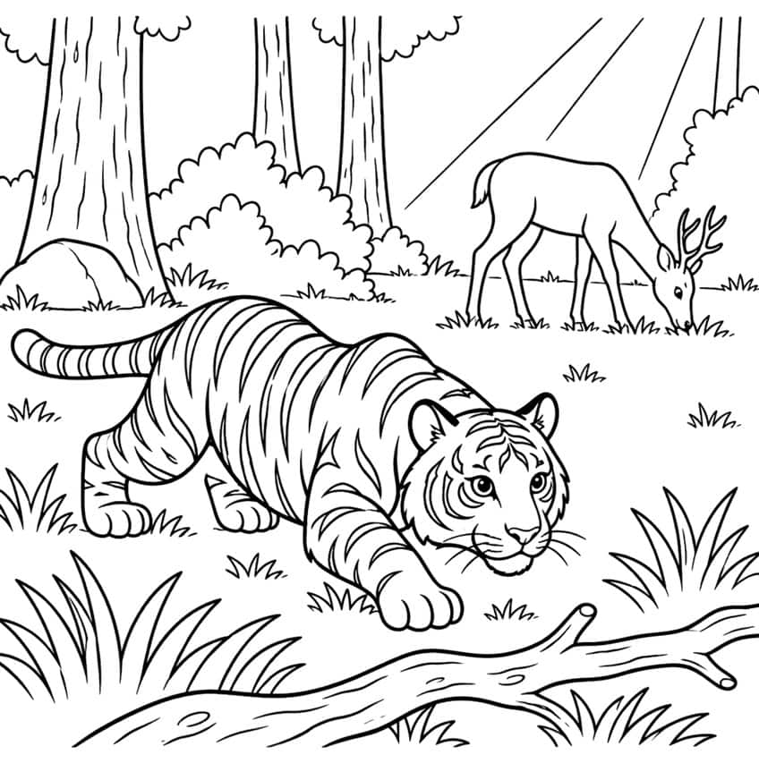 Coloring page of a crouching tiger sneaking up on a grazing deer in a forest clearing