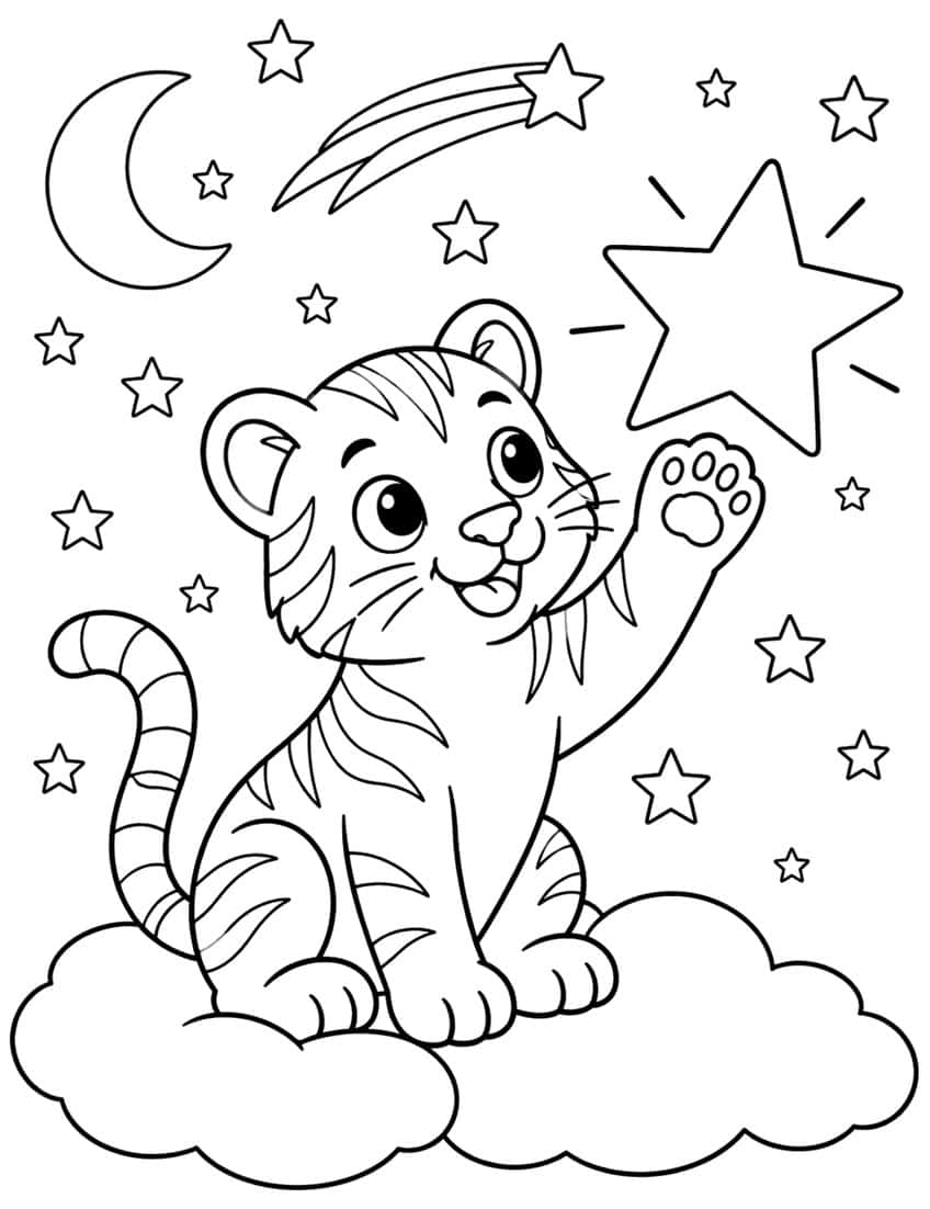 Coloring page of a tiger cub on a cloud reaching for a star under a crescent moon