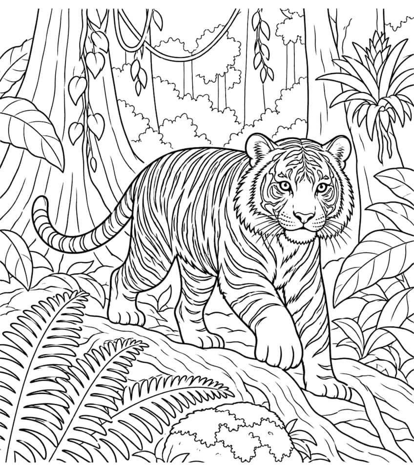 Coloring page of a Sumatran tiger walking over a log in a rainforest with vines and ferns