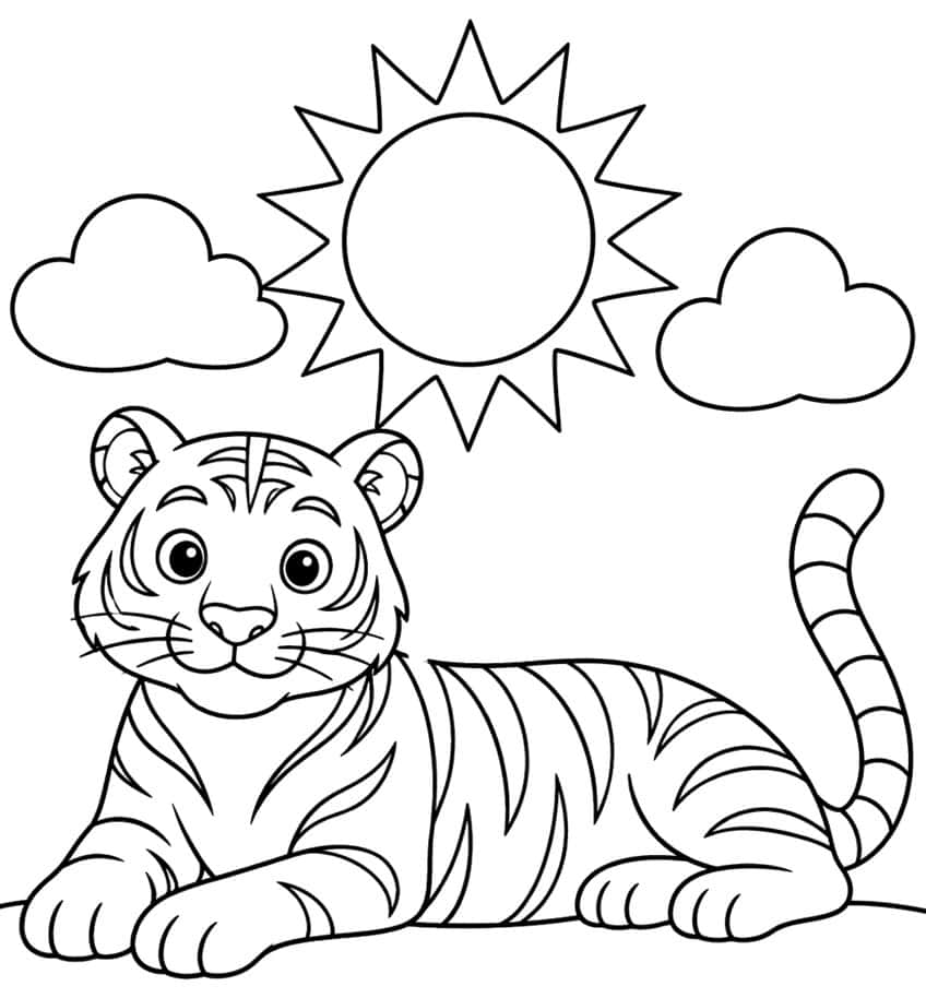 Coloring page of a cartoon tiger lying on the ground under a spiky sun and two clouds