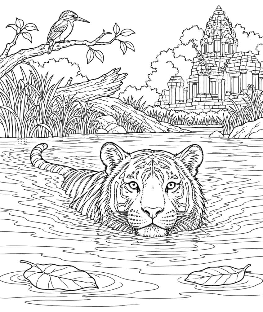 Coloring page of a tiger swimming with its head above water, a kingfisher on a branch and a stone tower