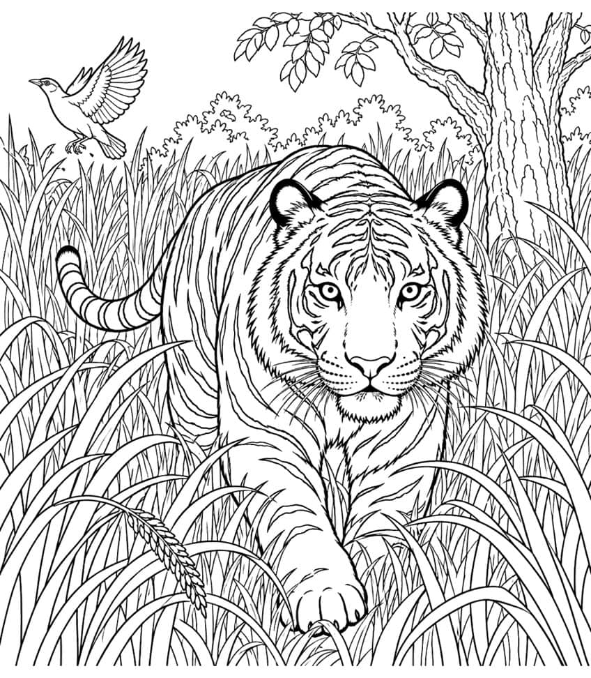 Coloring page of a tiger stalking through tall grass with a bird and a tree