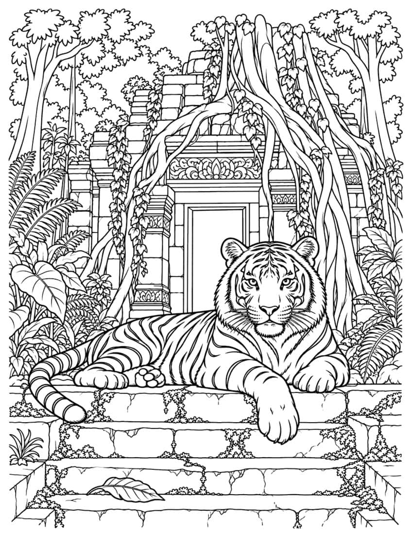 Tiger coloring page with a tiger lying on stone steps before a vine-covered jungle temple