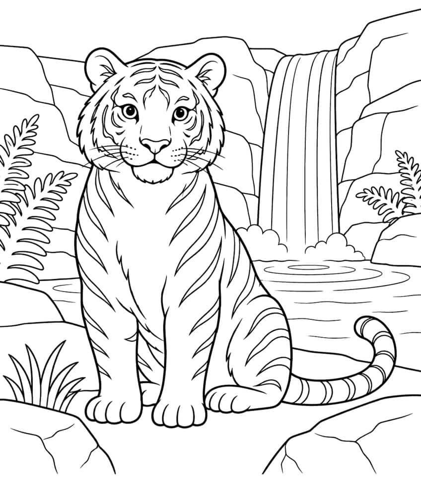 Coloring page of a tiger sitting on rocks in front of a waterfall and pool, with ferns