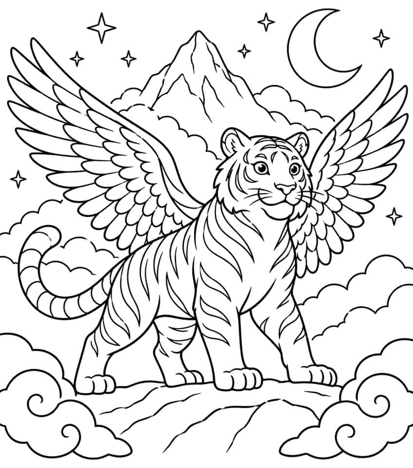 Coloring page of a winged tiger on a cloudy peak under a crescent moon and stars