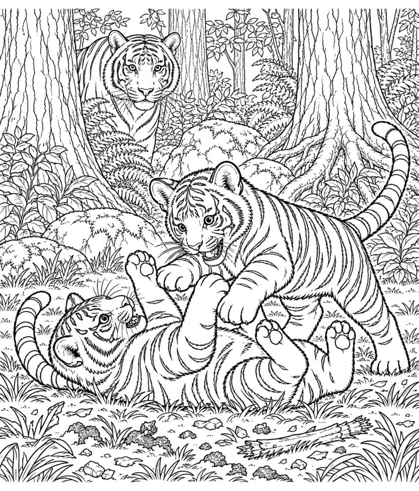 Coloring page of two tiger cubs play-wrestling in a forest while an adult tiger watches