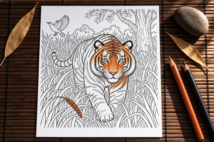 tiger coloring page partly colored in with pencils