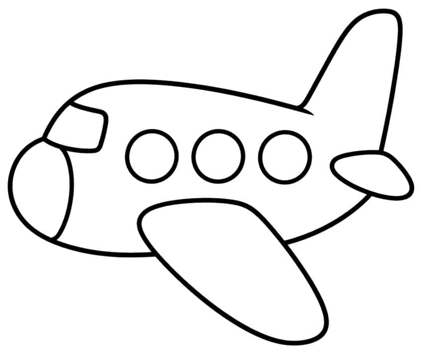 Cartoon airplane with three round windows, a large wing, a tall tail fin and a rounded nose