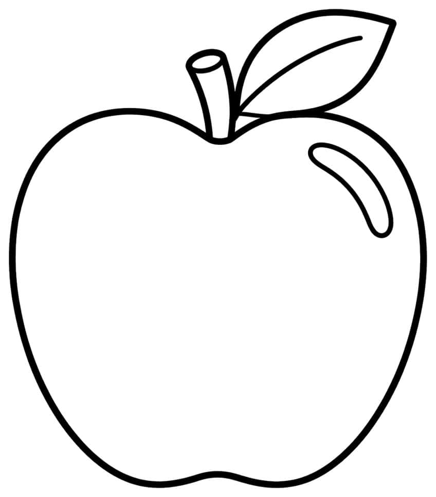 Large apple outline with a stem, a veined leaf and a curved highlight