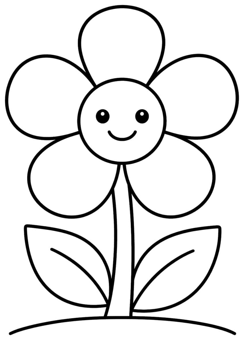 Smiling flower with five petals, a stem, two leaves with veins and a curved ground line