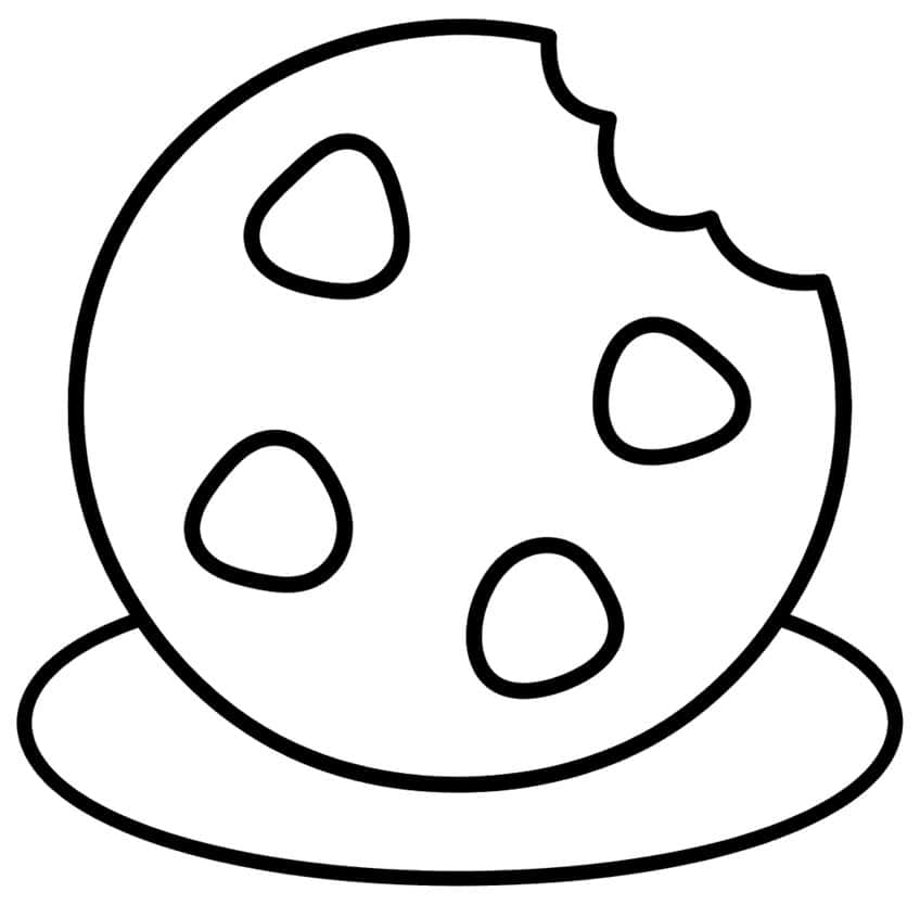Round cookie with a bite taken out, four chocolate chips, on an oval plate