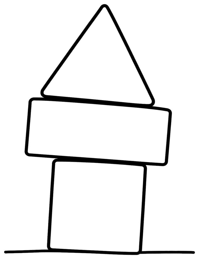 Tower of three blocks: a square, a wide rectangle and a triangle, standing on a wavy ground line