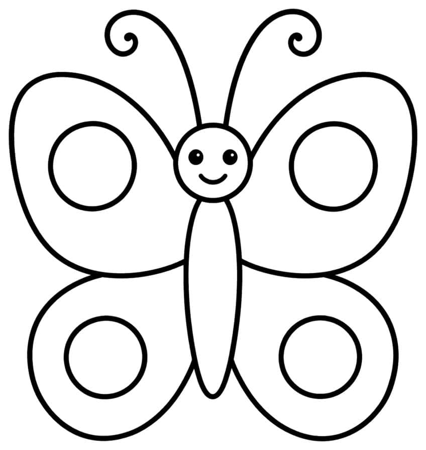 Smiling butterfly with curled antennae, a slim body and four wings, each with a large circle