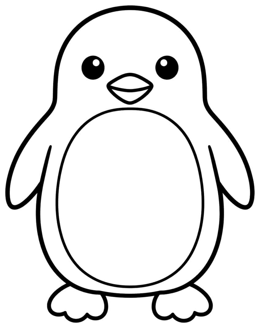 Chubby penguin with big eyes, small beak, oval belly, flippers and two webbed feet