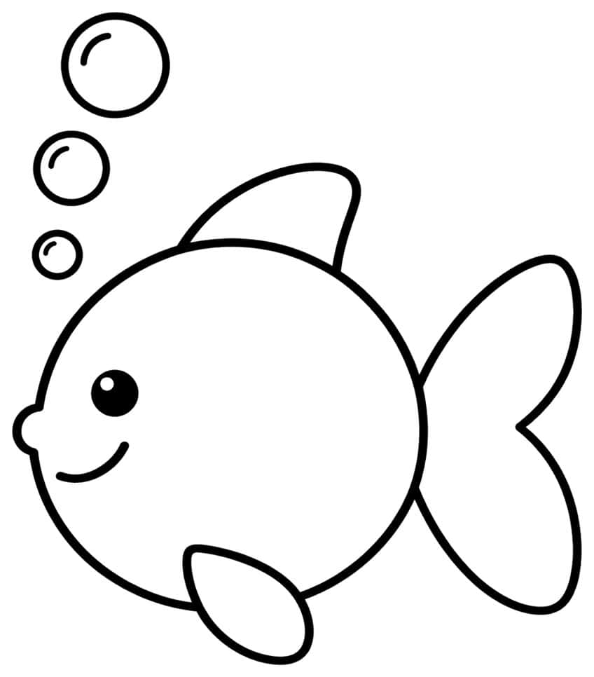 Round smiling fish with a forked tail, two fins and three bubbles