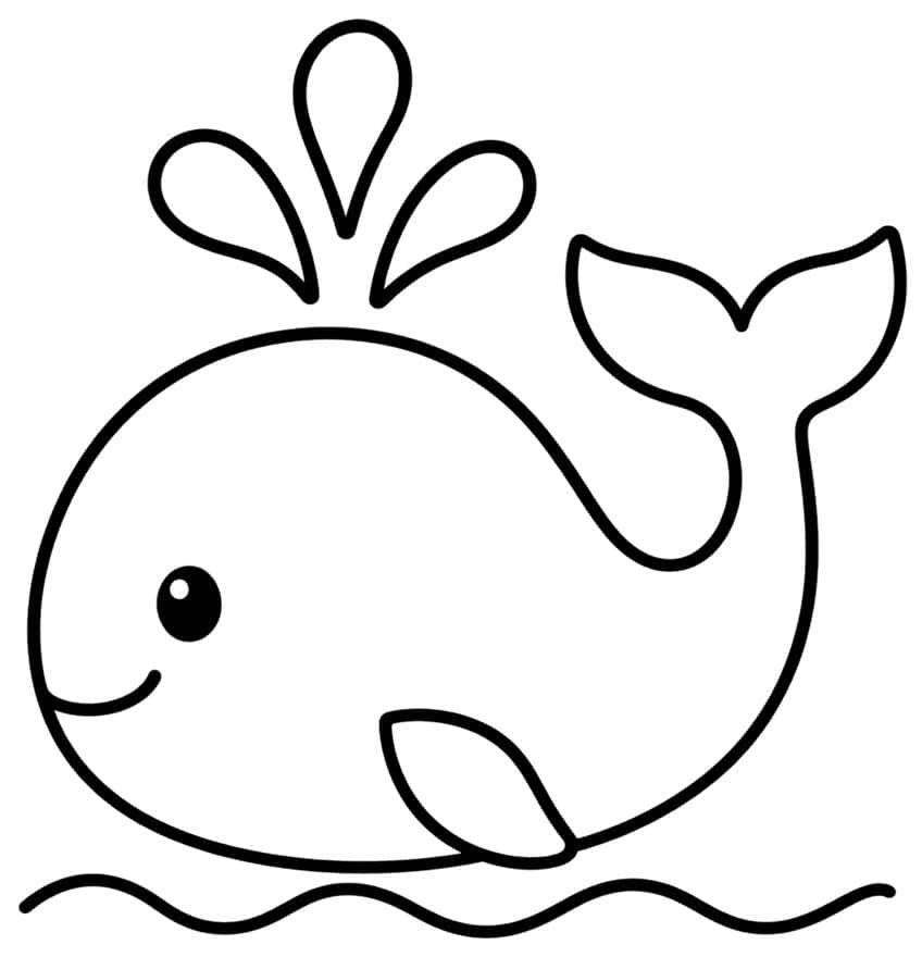 Smiling whale with three water spouts, a raised tail and a wavy water line