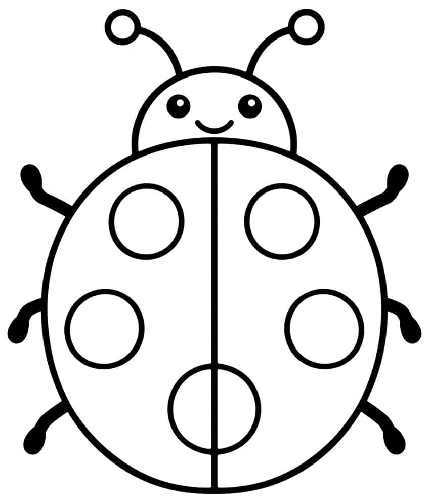 Ladybug from above with smiling face, two antennae, five round spots on the shell and six legs