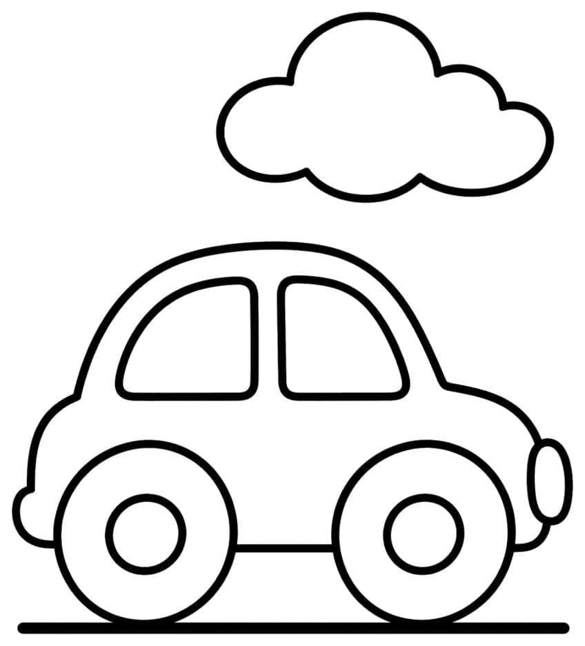 Side view of a small round car with two windows and two wheels, a cloud above and a ground line below