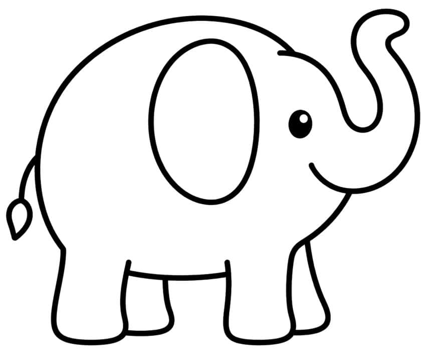 Smiling cartoon elephant in side view with raised trunk, large oval ear, four short legs and a tail