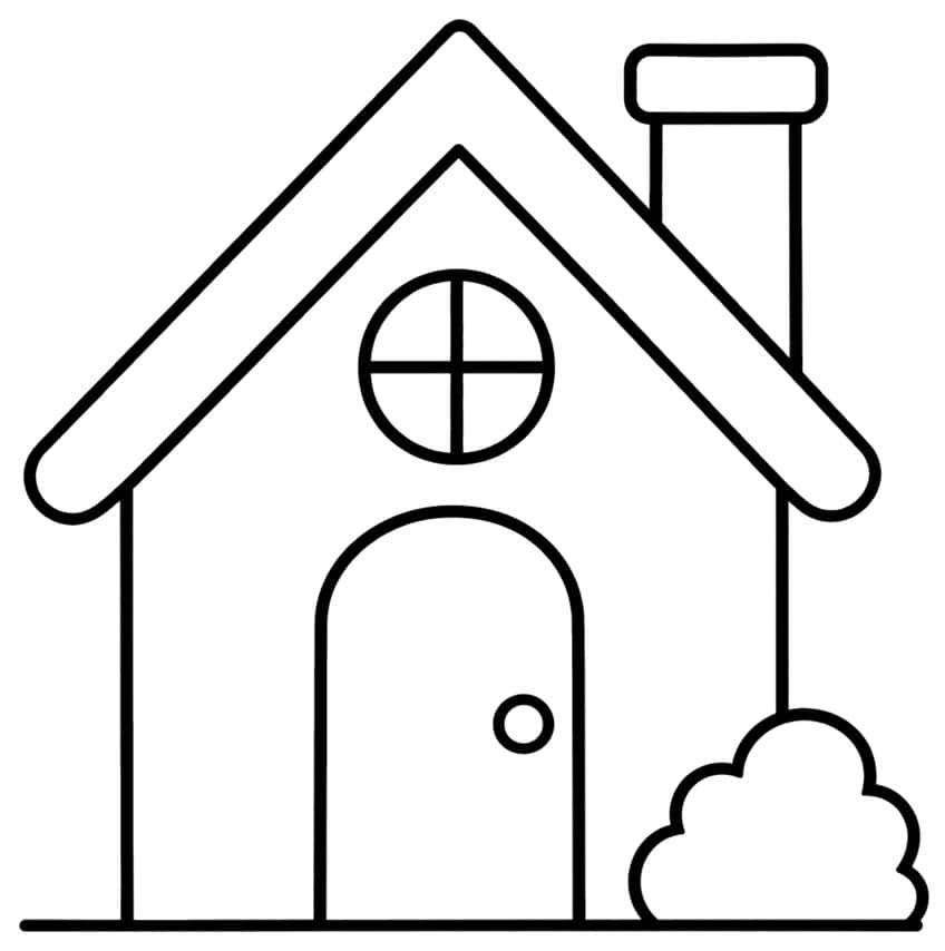 House with pitched roof, chimney, round window, arched door and a bush on a ground line