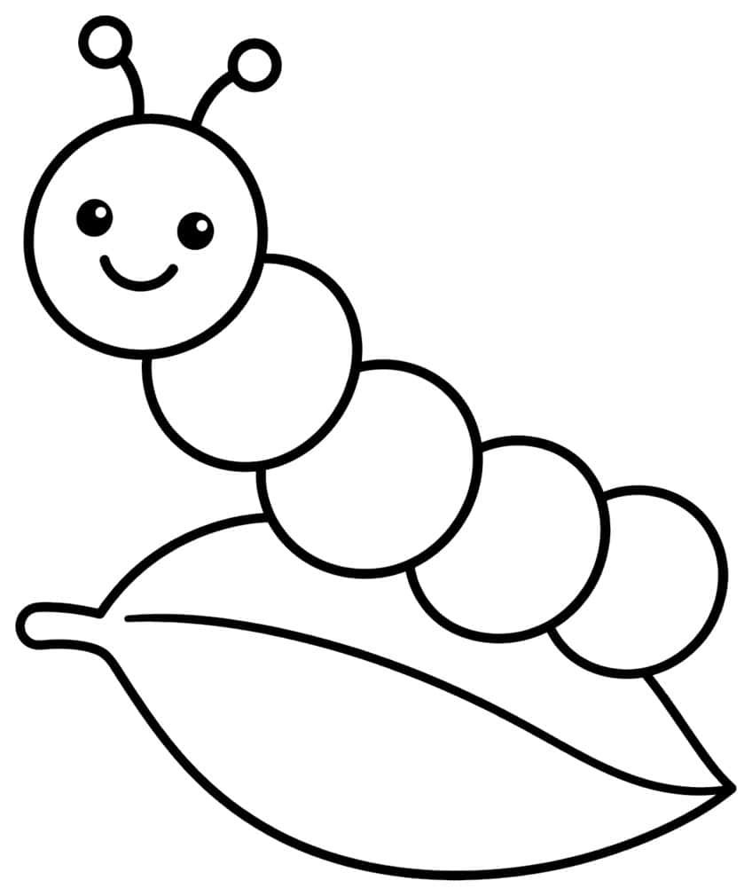 Smiling caterpillar with two antennae and four round body segments lying on a large leaf