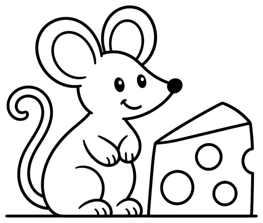 Smiling mouse with round ears and curled tail next to a cheese wedge with three holes