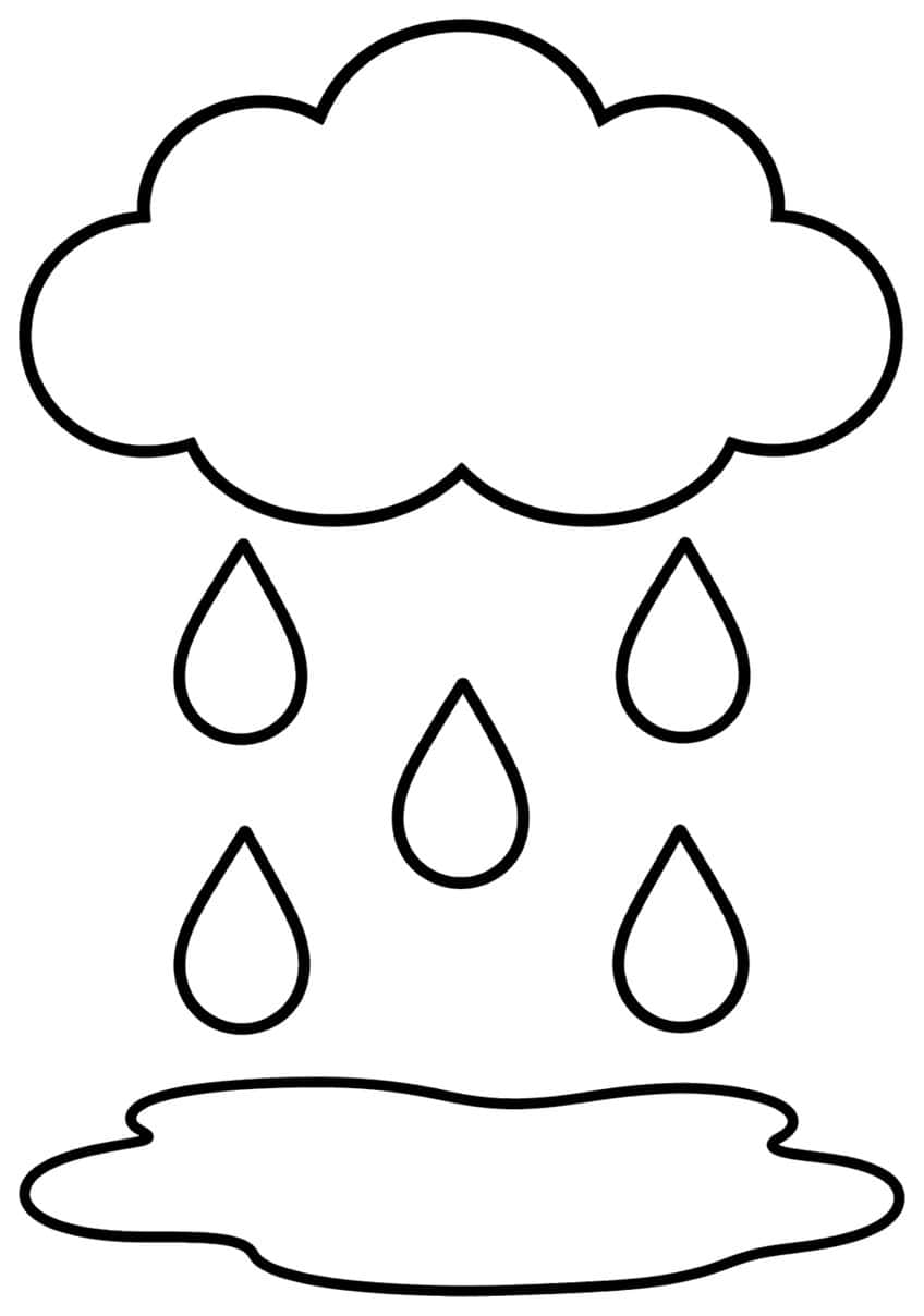 Outline of a rain cloud with five raindrops falling onto a puddle