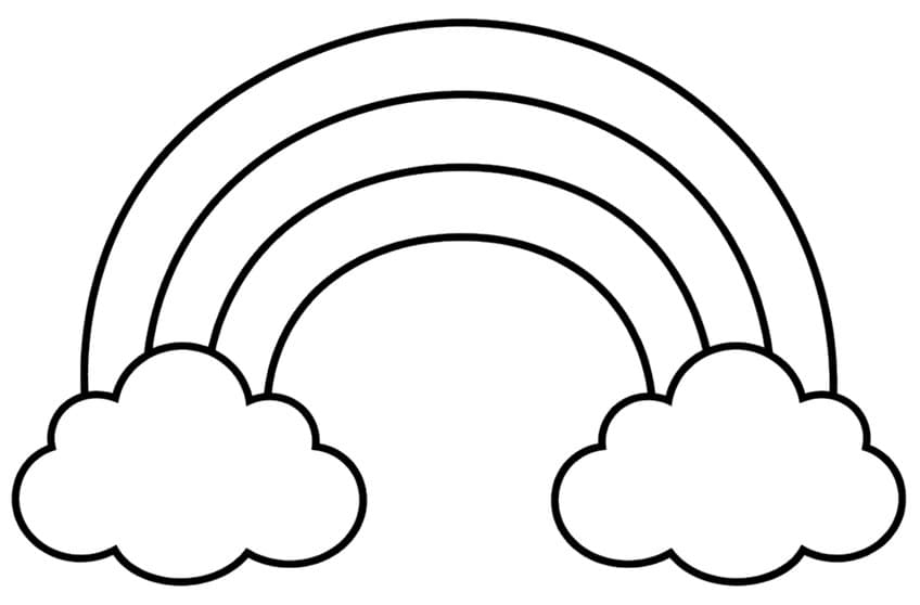 Rainbow with three arched bands ending in two fluffy clouds