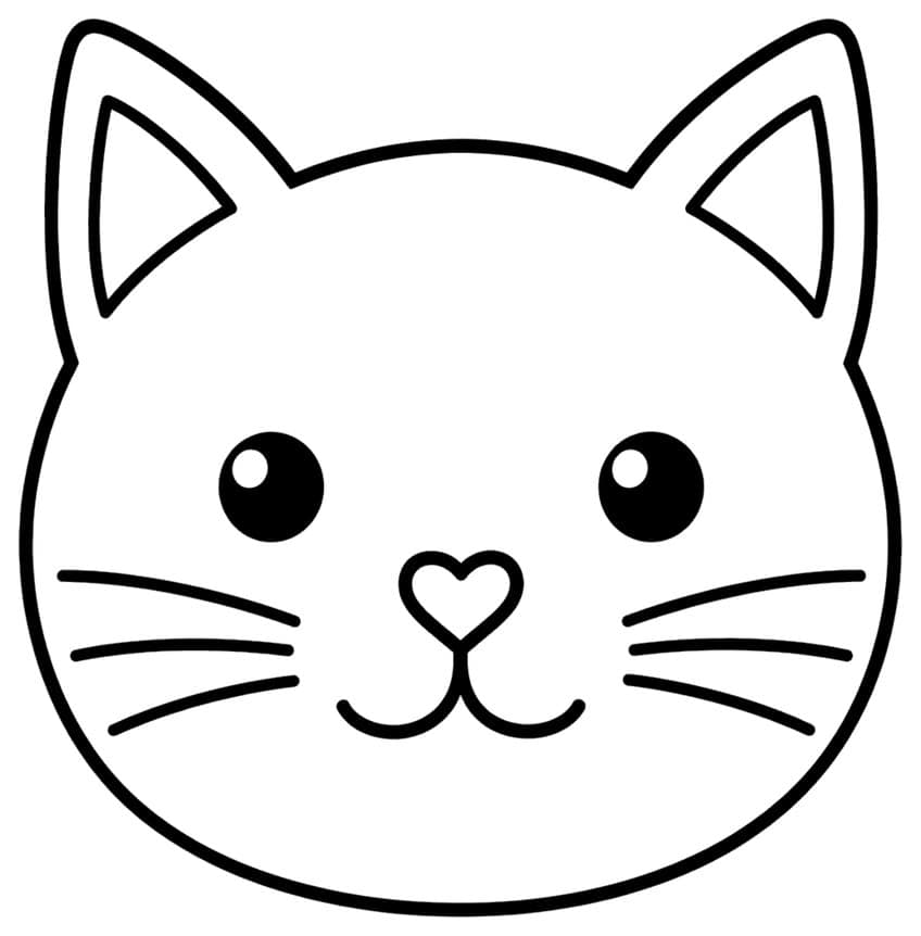 Front view of a cat face with pointed ears, round eyes, heart nose, smile and six whiskers