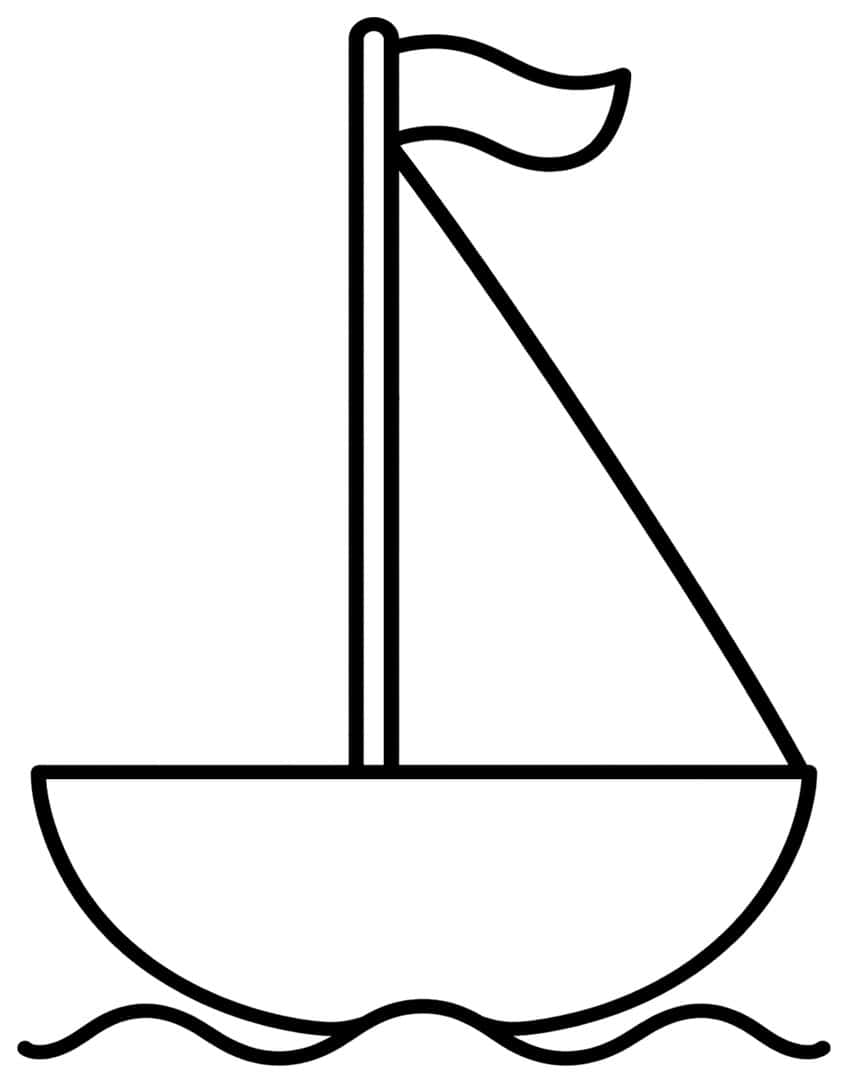Sailboat with a curved hull, tall mast, triangular sail, wavy flag and a wavy water line