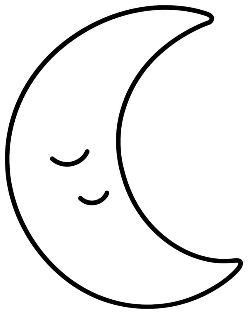 Crescent moon with two closed sleepy eyes in a thick black outline