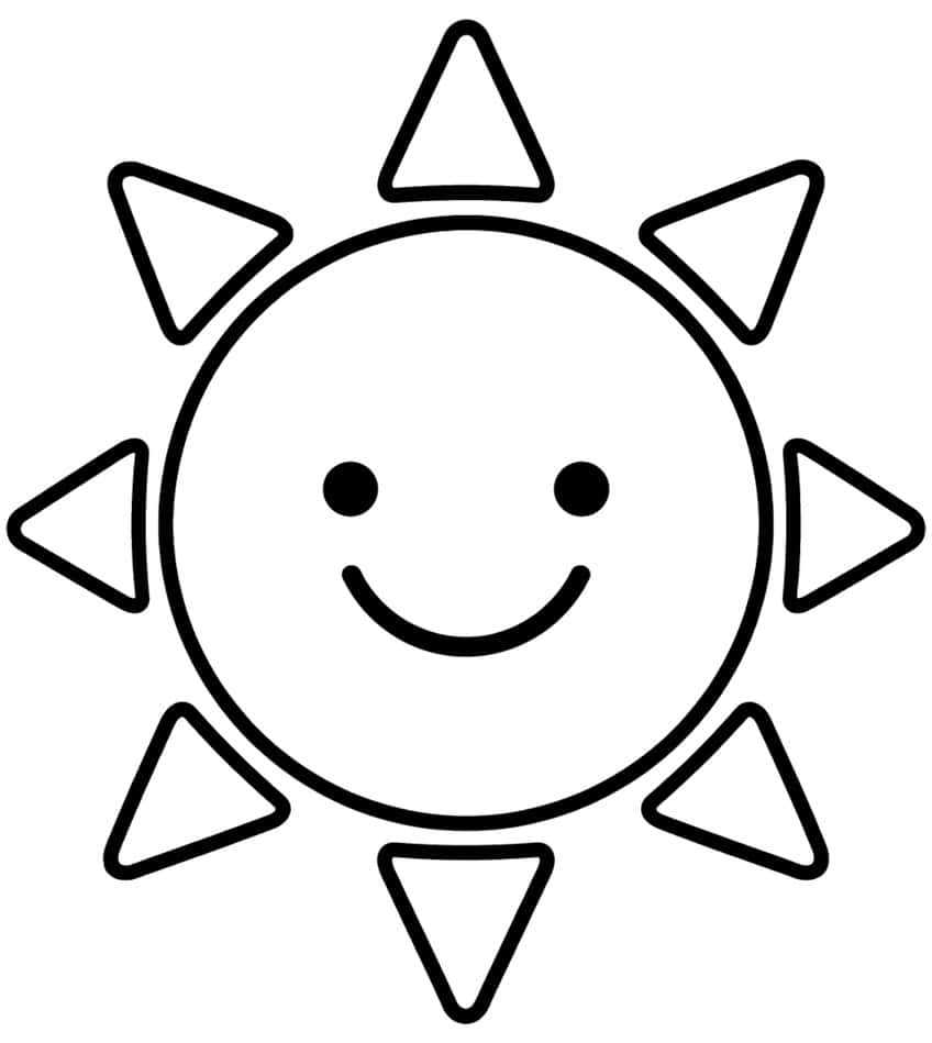 Round smiling sun face with two dot eyes and eight triangle rays around it