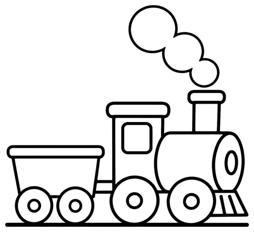 Steam locomotive with chimney, smoke puffs, cab window and an open wagon on four wheels